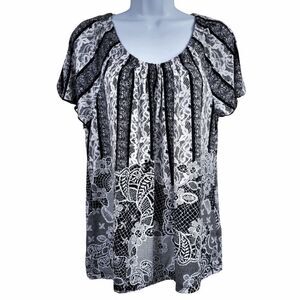 Lace & paisley-print blouse with frilly trim by Kim Rogers / Women's Large